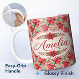 Personalized Custom Name Soft Watercolour Poinsettia Christmas Floral Seamless Pattern Lovely 11oz Ceramic Coffee Tea Mug White Large Handle