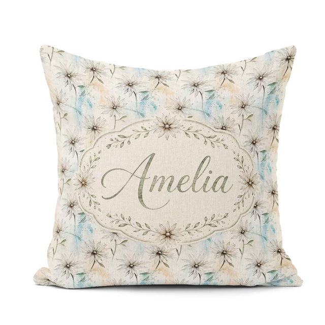 Custom Name Minimal Neutral Botanical Flower Watercolor Seamless Square Filled Cushion Throw Pillow Sofa Bed Home Decor Zip Washable UK Made