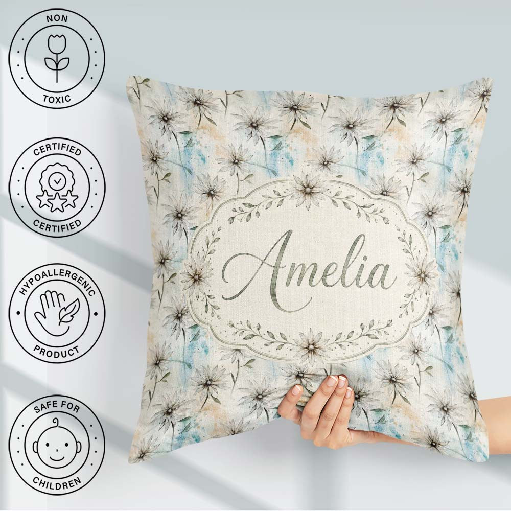 Custom Name Minimal Neutral Botanical Flower Watercolor Seamless Square Filled Cushion Throw Pillow Sofa Bed Home Decor Zip Washable UK Made