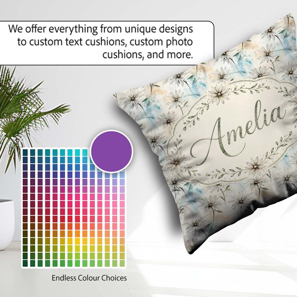Custom Name Minimal Neutral Botanical Flower Watercolor Seamless Square Filled Cushion Throw Pillow Sofa Bed Home Decor Zip Washable UK Made