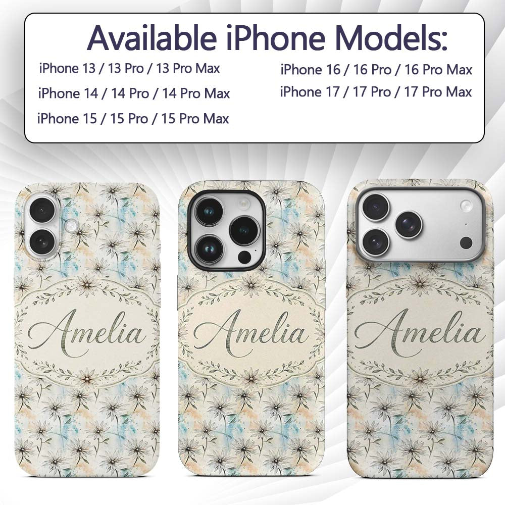 Minimal Neutral Botanical Flower Printed Design Custom Name Protective Phone Case Mobile Cover Durable Everyday Smartphone Shock Resistant