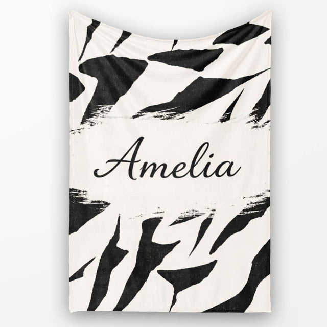 Wavy Zebra Lines Black Cream Organic Stripe Pattern Cute Unique Gift  Personalised Custom Name Super Soft Fleece Blanket Bed Sofa Throw