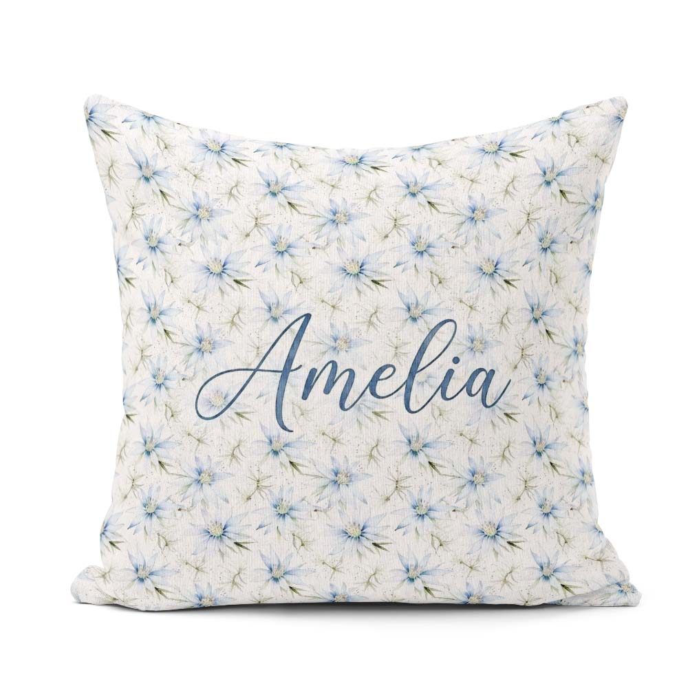Custom Name Soft Blue Floral with Fine Botanical Detail Seamless Square Filled Cushion Throw Pillow Sofa Bed Home Decor Zip Washable UK Made