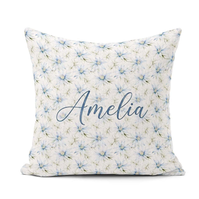 Custom Name Soft Blue Floral with Fine Botanical Detail Seamless Square Filled Cushion Throw Pillow Sofa Bed Home Decor Zip Washable UK Made
