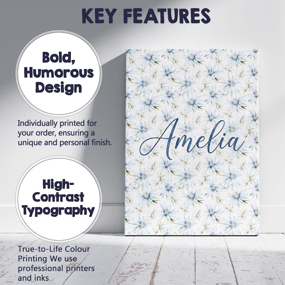 Personalised Name Soft Blue Floral with Custom  Modern Room Accent Elegant Feature Canvas Wall Art Print Decor Picture Ready to Hang
