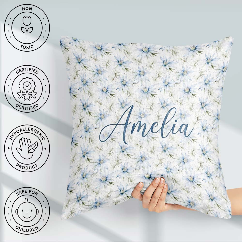Custom Name Soft Blue Floral with Fine Botanical Detail Seamless Square Filled Cushion Throw Pillow Sofa Bed Home Decor Zip Washable UK Made