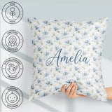 Custom Name Soft Blue Floral with Fine Botanical Detail Seamless Square Filled Cushion Throw Pillow Sofa Bed Home Decor Zip Washable UK Made