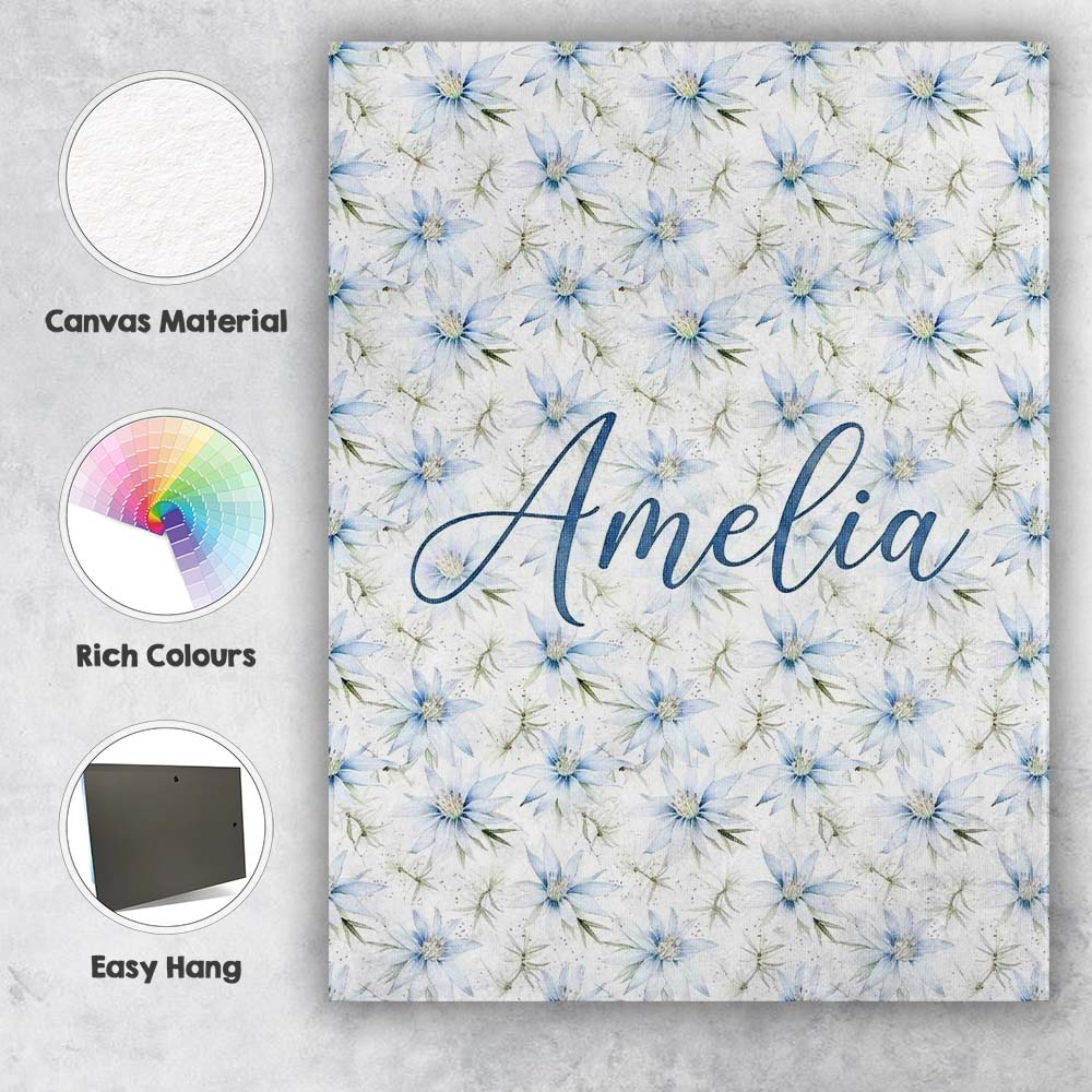 Personalised Name Soft Blue Floral with Custom  Modern Room Accent Elegant Feature Canvas Wall Art Print Decor Picture Ready to Hang