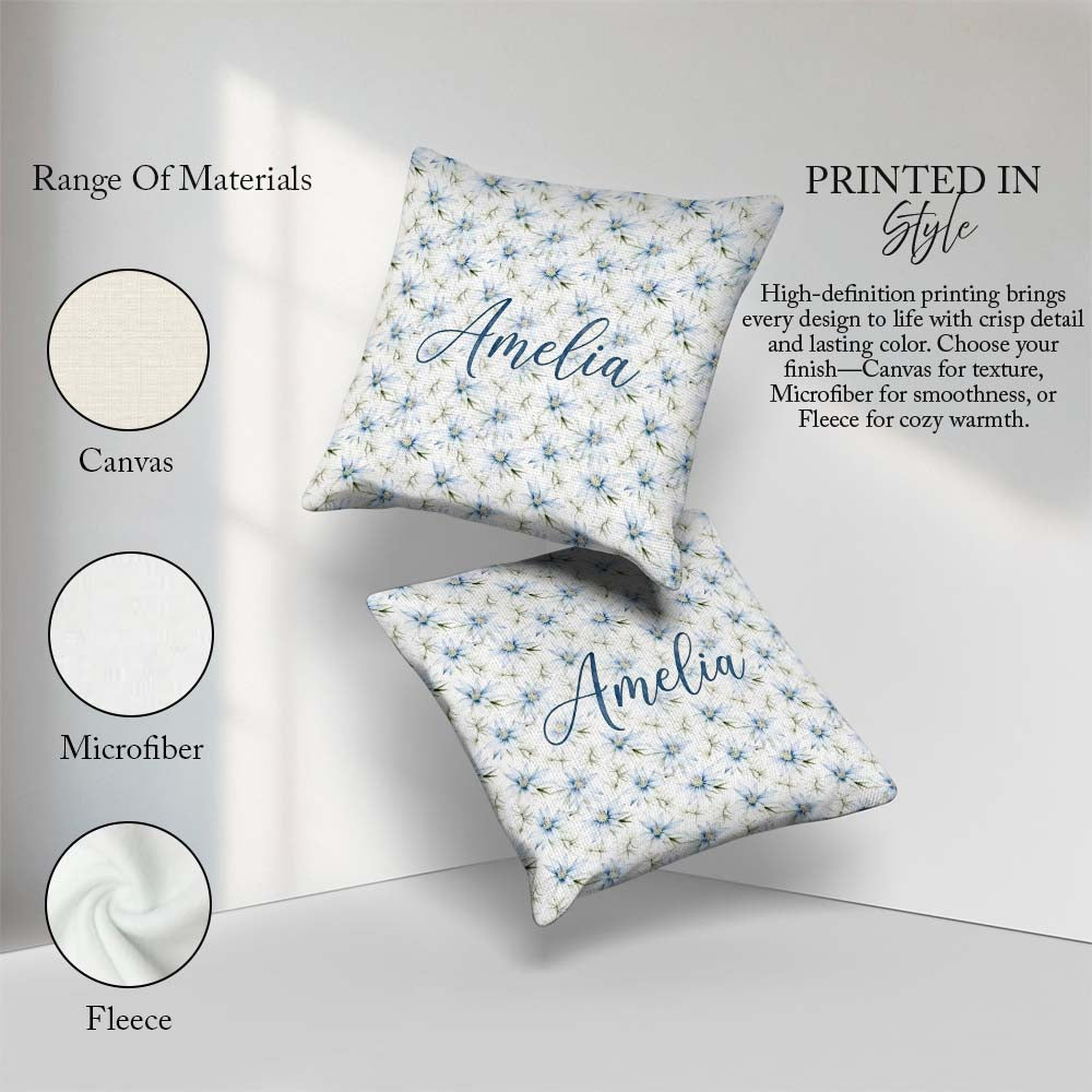Custom Name Soft Blue Floral with Fine Botanical Detail Seamless Square Filled Cushion Throw Pillow Sofa Bed Home Decor Zip Washable UK Made