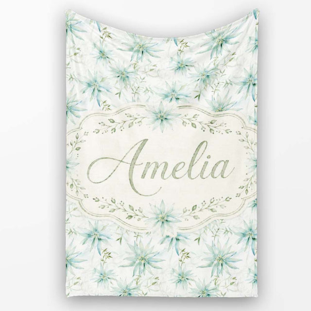 Soft Teal Starflower Watercolor Floral Seamless Pattern Lovely  Personalised Custom Name Super Soft Fleece Blanket Bed Sofa Throw