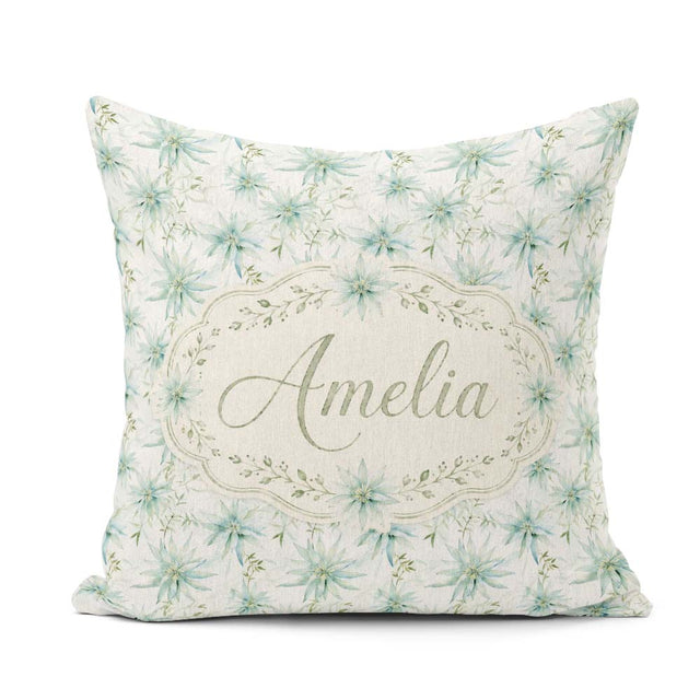 Custom Name Soft Teal Starflower Floral Seamless Pattern Lovely Square Filled Cushion Throw Pillow Sofa Bed Home Decor Zip Washable UK Made