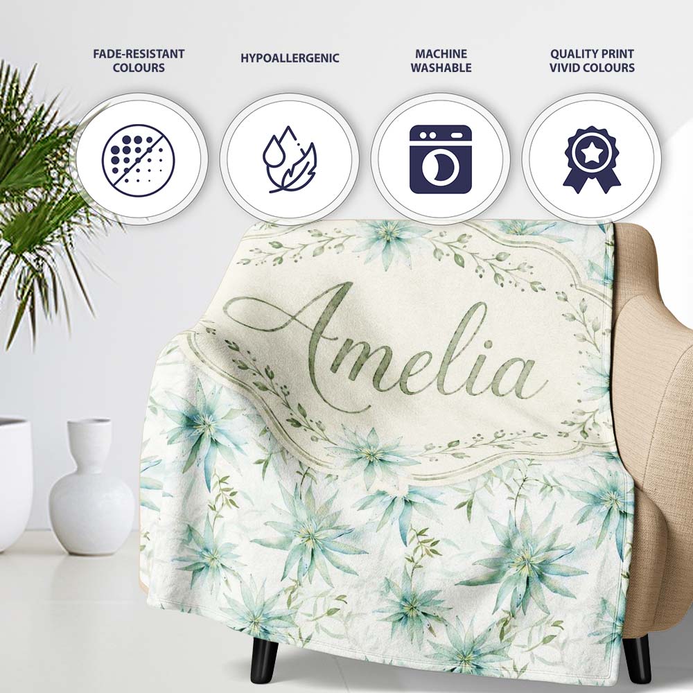 Soft Teal Starflower Watercolor Floral Seamless Pattern Lovely  Personalised Custom Name Super Soft Fleece Blanket Bed Sofa Throw