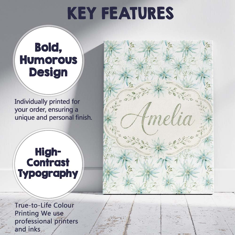 Personalised Name Soft Teal Starflower Custom  Modern Room Accent Elegant Feature Canvas Wall Art Print Decor Picture Ready to Hang