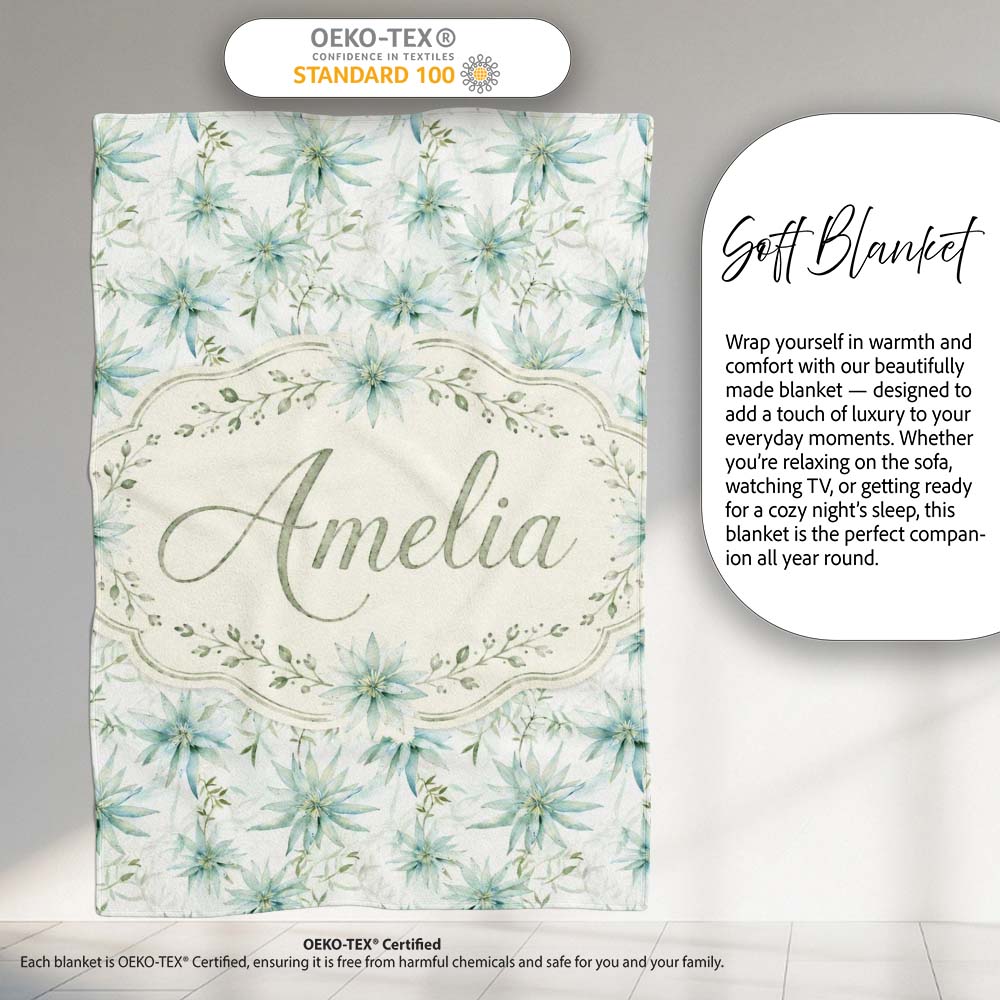 Soft Teal Starflower Watercolor Floral Seamless Pattern Lovely  Personalised Custom Name Super Soft Fleece Blanket Bed Sofa Throw