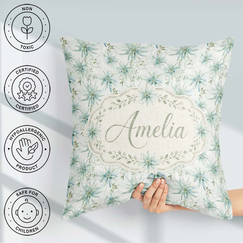 Custom Name Soft Teal Starflower Floral Seamless Pattern Lovely Square Filled Cushion Throw Pillow Sofa Bed Home Decor Zip Washable UK Made