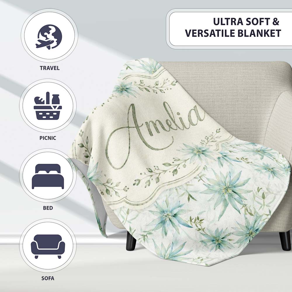Soft Teal Starflower Watercolor Floral Seamless Pattern Lovely  Personalised Custom Name Super Soft Fleece Blanket Bed Sofa Throw