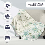 Soft Teal Starflower Watercolor Floral Seamless Pattern Lovely  Personalised Custom Name Super Soft Fleece Blanket Bed Sofa Throw