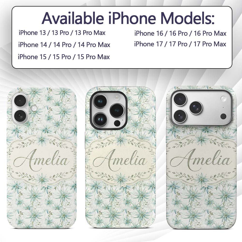 Soft Teal Starflower Watercolor Floral Seamless Custom Name Protective Phone Case Mobile Cover Durable Everyday Smartphone Shock Resistant