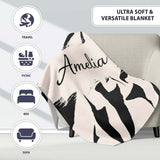 Wavy Zebra Lines Black Cream Organic Stripe Pattern Cute Unique Gift  Personalised Custom Name Super Soft Fleece Blanket Bed Sofa Throw