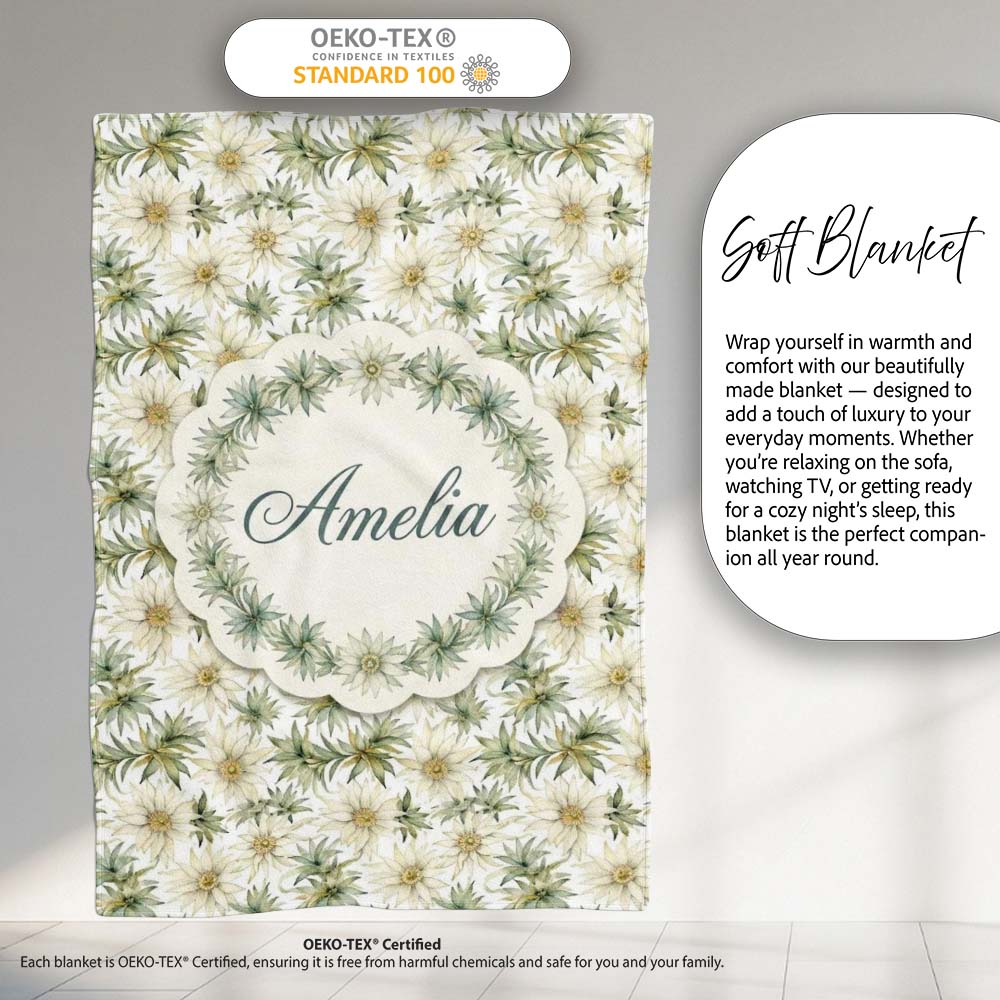 Elegant Cream and Green Botanical Floral Seamless Pattern Lovely  Personalised Custom Name Super Soft Fleece Blanket Bed Sofa Throw