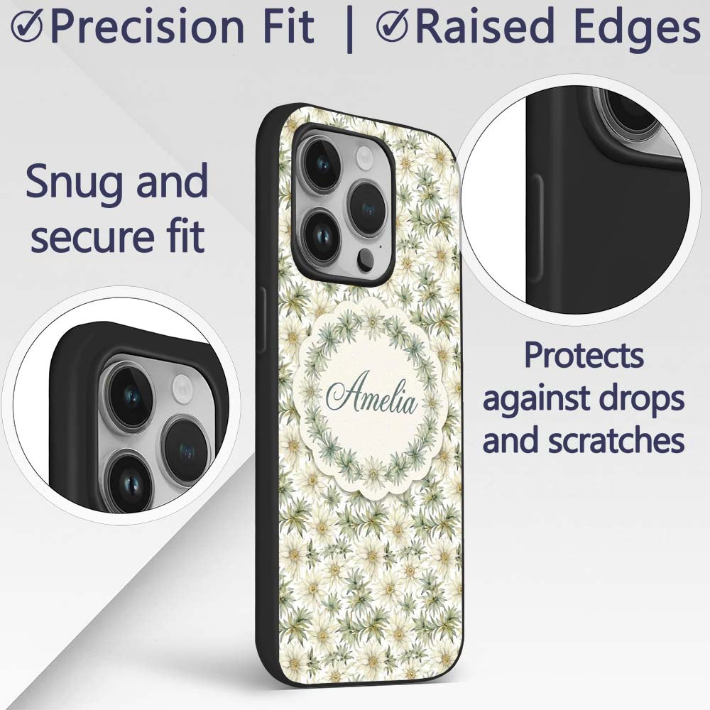 Elegant Cream and Green Botanical Floral Seamless Custom Name Protective Phone Case Mobile Cover Durable Everyday Smartphone Shock Resistant