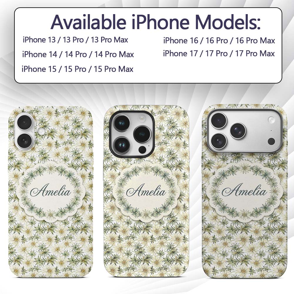 Elegant Cream and Green Botanical Floral Seamless Custom Name Protective Phone Case Mobile Cover Durable Everyday Smartphone Shock Resistant