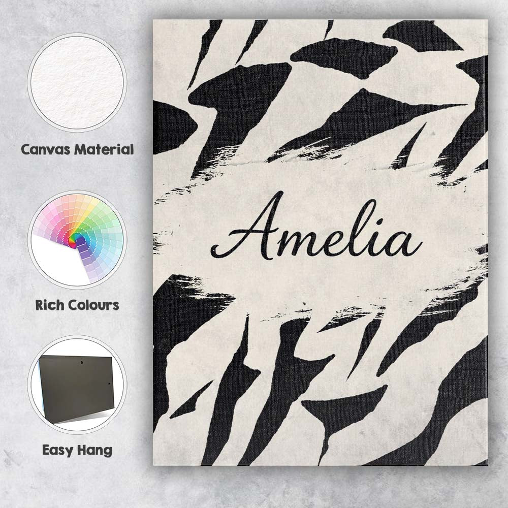 Personalised Name Wavy Zebra Lines Black Cream Organic Stripe Custom Contemporary Display Canvas Wall Art Print Decor Picture Ready to Hang