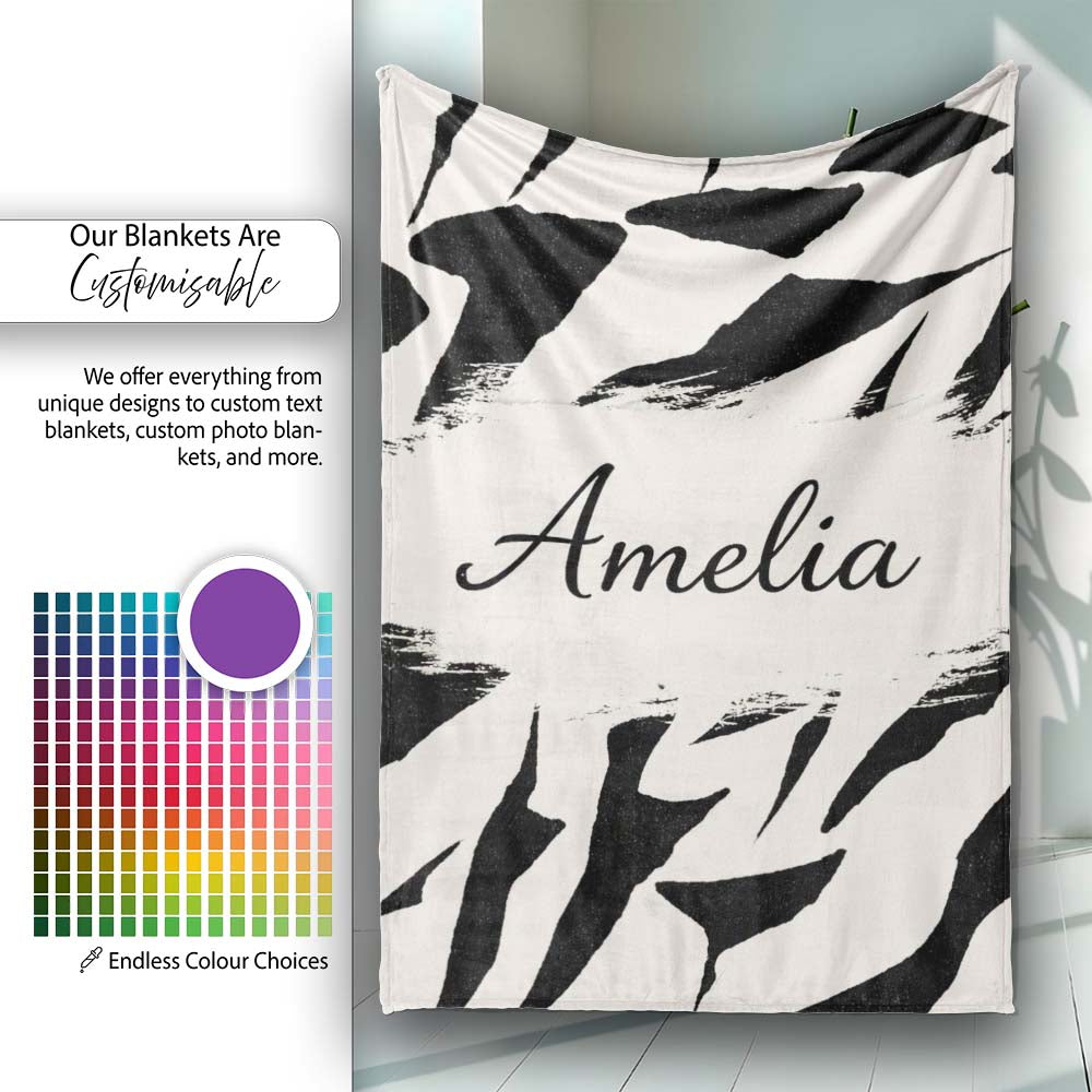Wavy Zebra Lines Black Cream Organic Stripe Pattern Cute Unique Gift  Personalised Custom Name Super Soft Fleece Blanket Bed Sofa Throw
