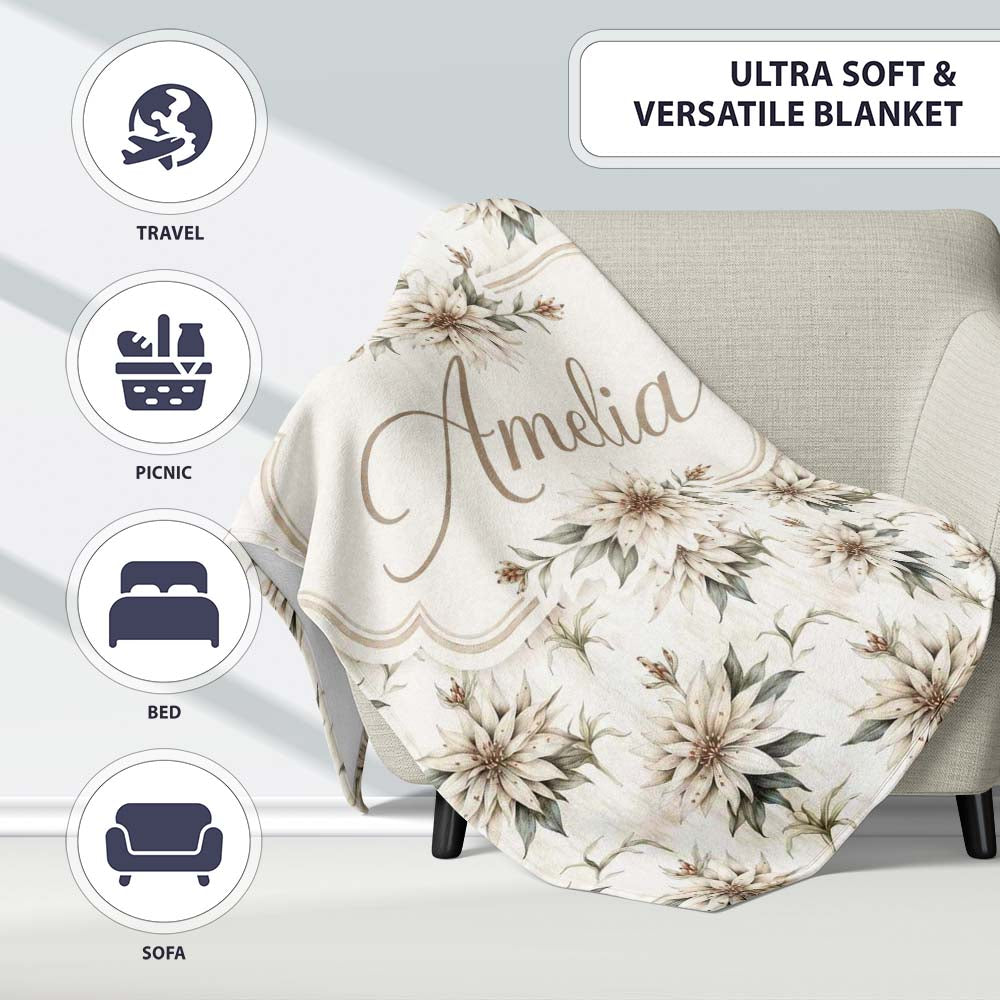 Vintage Neutral Flower Botanical Seamless Pattern Cute Unique Gift  Personalised Custom Name Super Soft Fleece Blanket Bed Sofa Throw