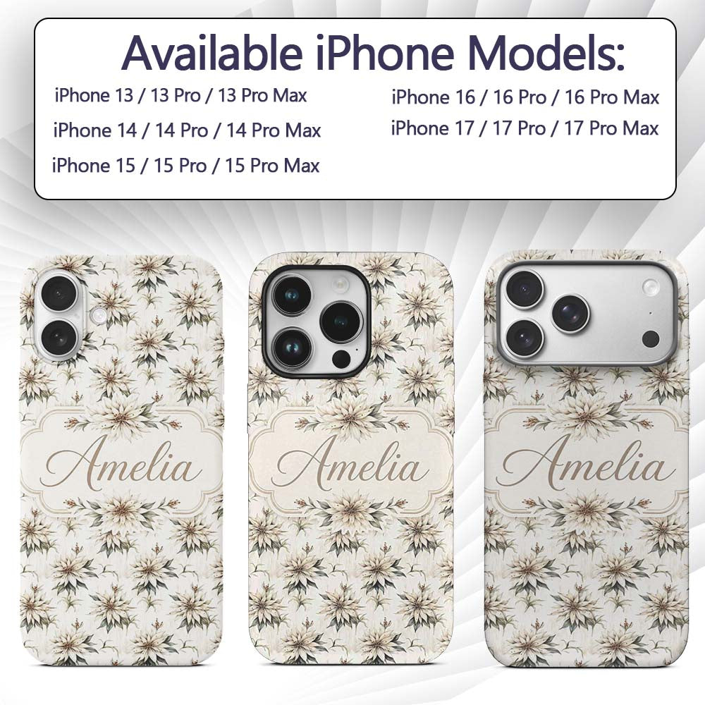 Vintage Neutral Flower Botanical Seamless Pattern Custom Name Protective Phone Case Mobile Cover Durable Everyday Smartphone Shock Resistant