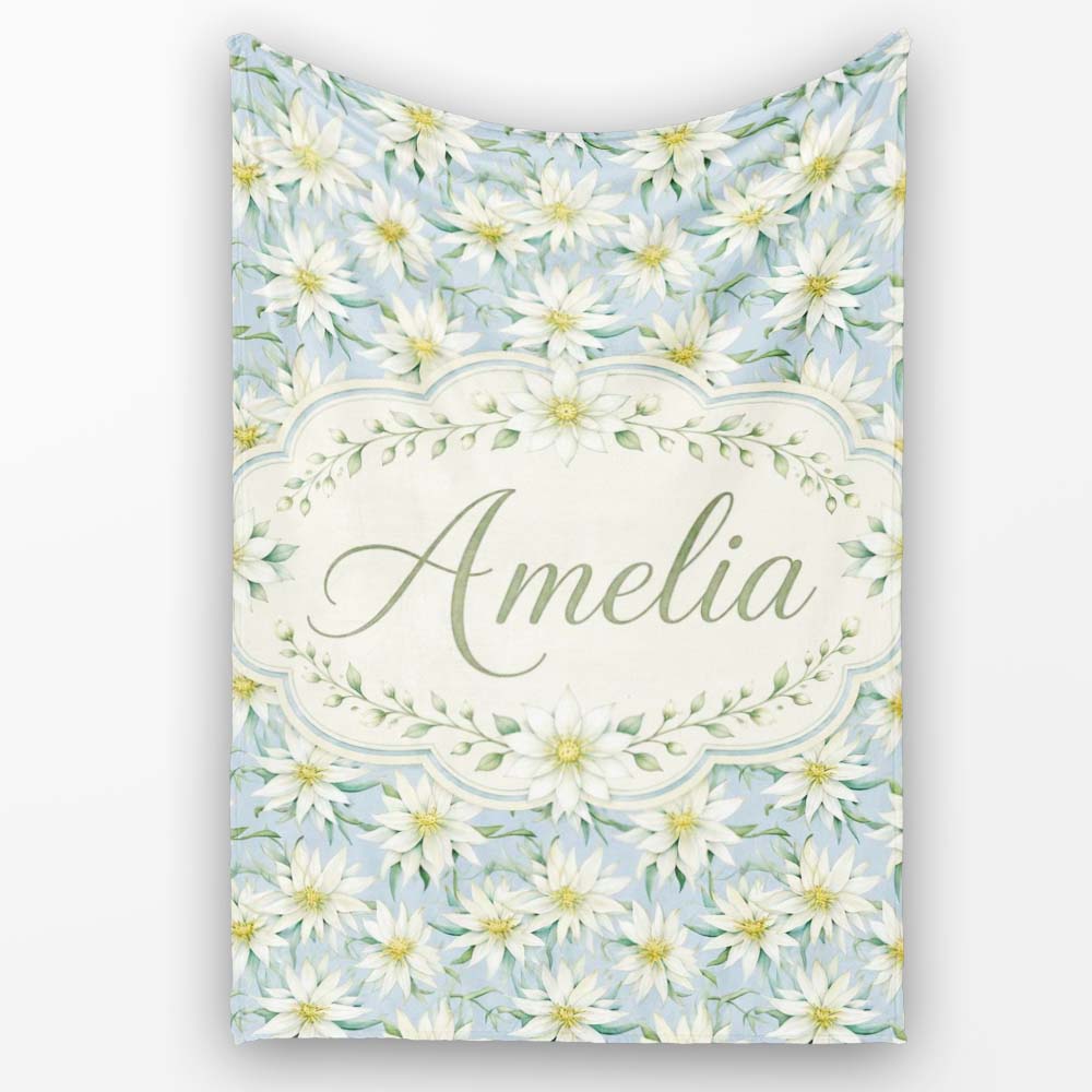 White Floral on Soft Blue Background Seamless Pattern Lovely  Personalised Custom Name Super Soft Fleece Blanket Bed Sofa Throw