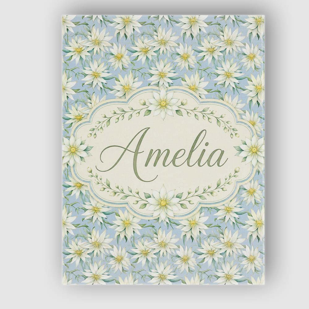 Personalised Name White Floral on Soft Blue Custom  Bespoke Interior Contemporary Canvas Wall Art Print Decor Picture Ready to Hang
