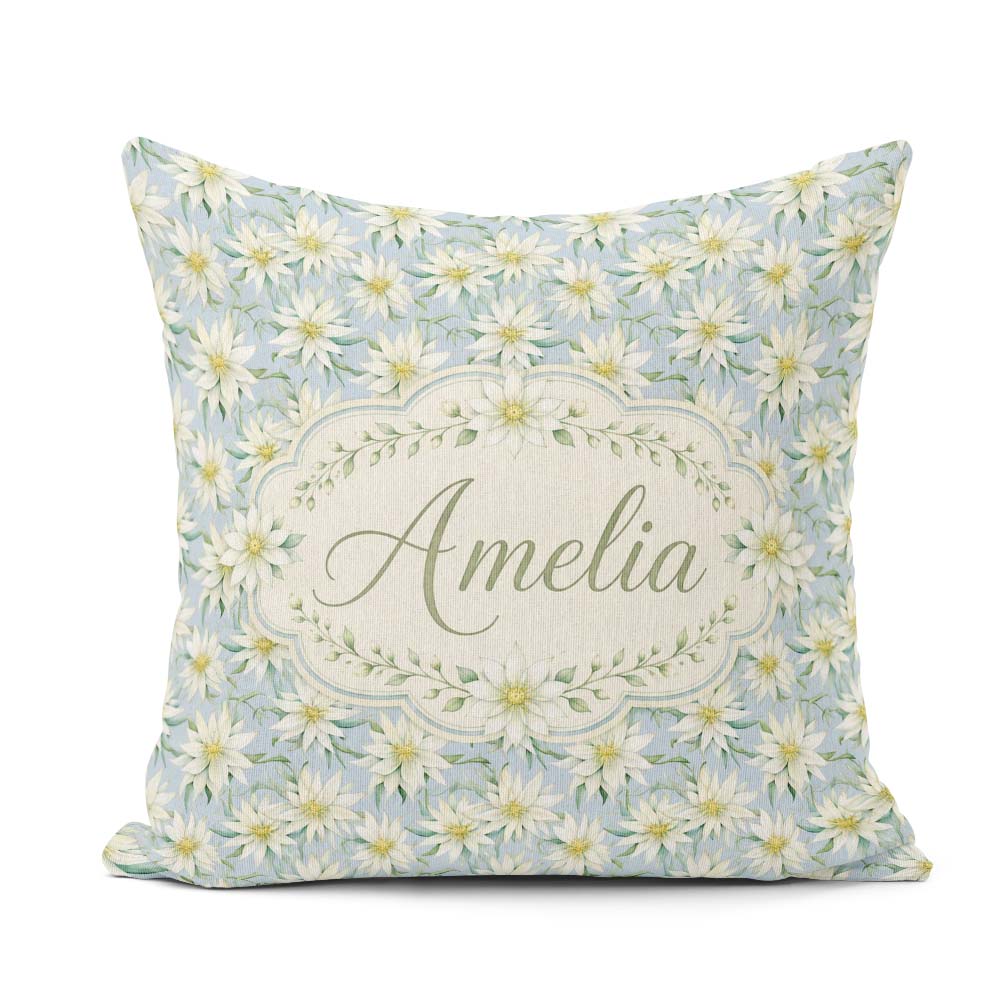 Custom Name White Floral on Soft Blue Background Seamless Lovely Square Filled Cushion Throw Pillow Sofa Bed Home Decor Zip Washable UK Made