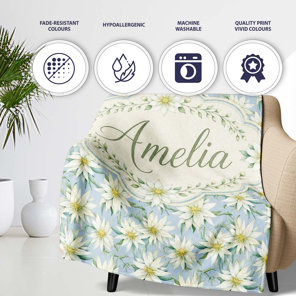 White Floral on Soft Blue Background Seamless Pattern Lovely  Personalised Custom Name Super Soft Fleece Blanket Bed Sofa Throw