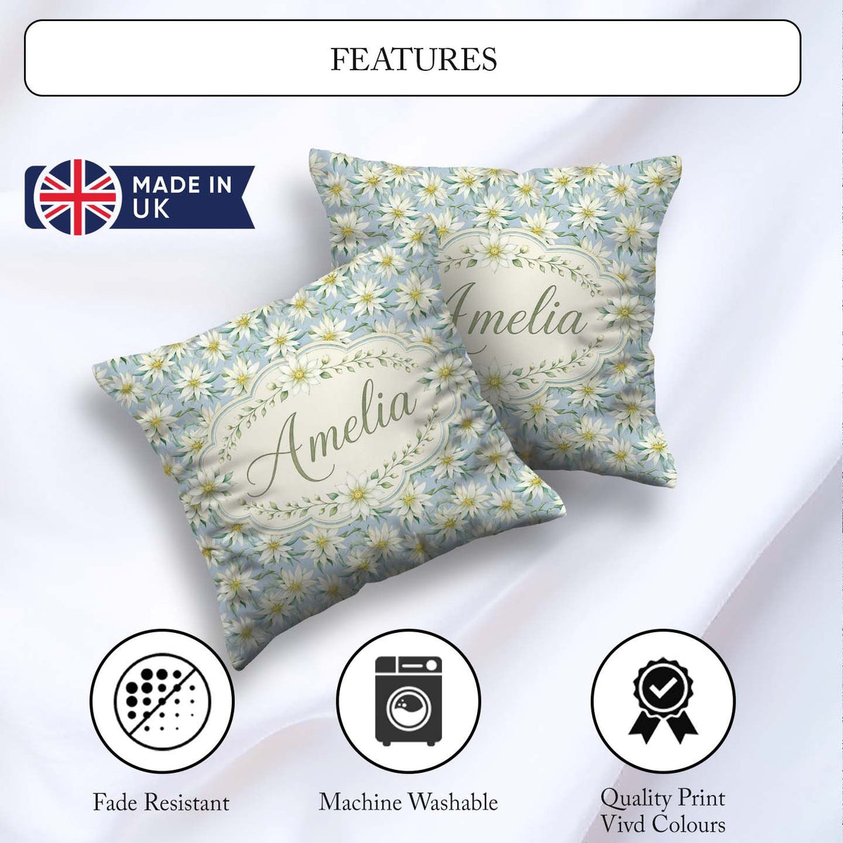 Custom Name White Floral on Soft Blue Background Seamless Lovely Square Filled Cushion Throw Pillow Sofa Bed Home Decor Zip Washable UK Made