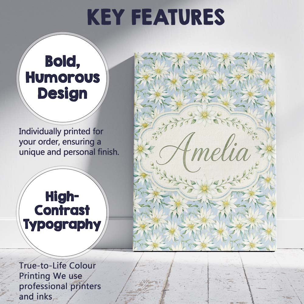 Personalised Name White Floral on Soft Blue Custom  Bespoke Interior Contemporary Canvas Wall Art Print Decor Picture Ready to Hang
