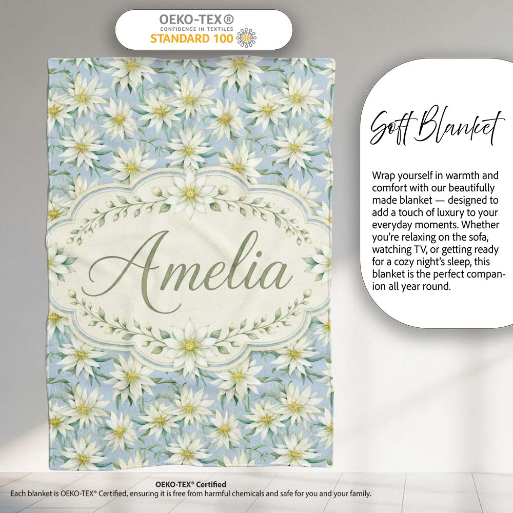 White Floral on Soft Blue Background Seamless Pattern Lovely  Personalised Custom Name Super Soft Fleece Blanket Bed Sofa Throw