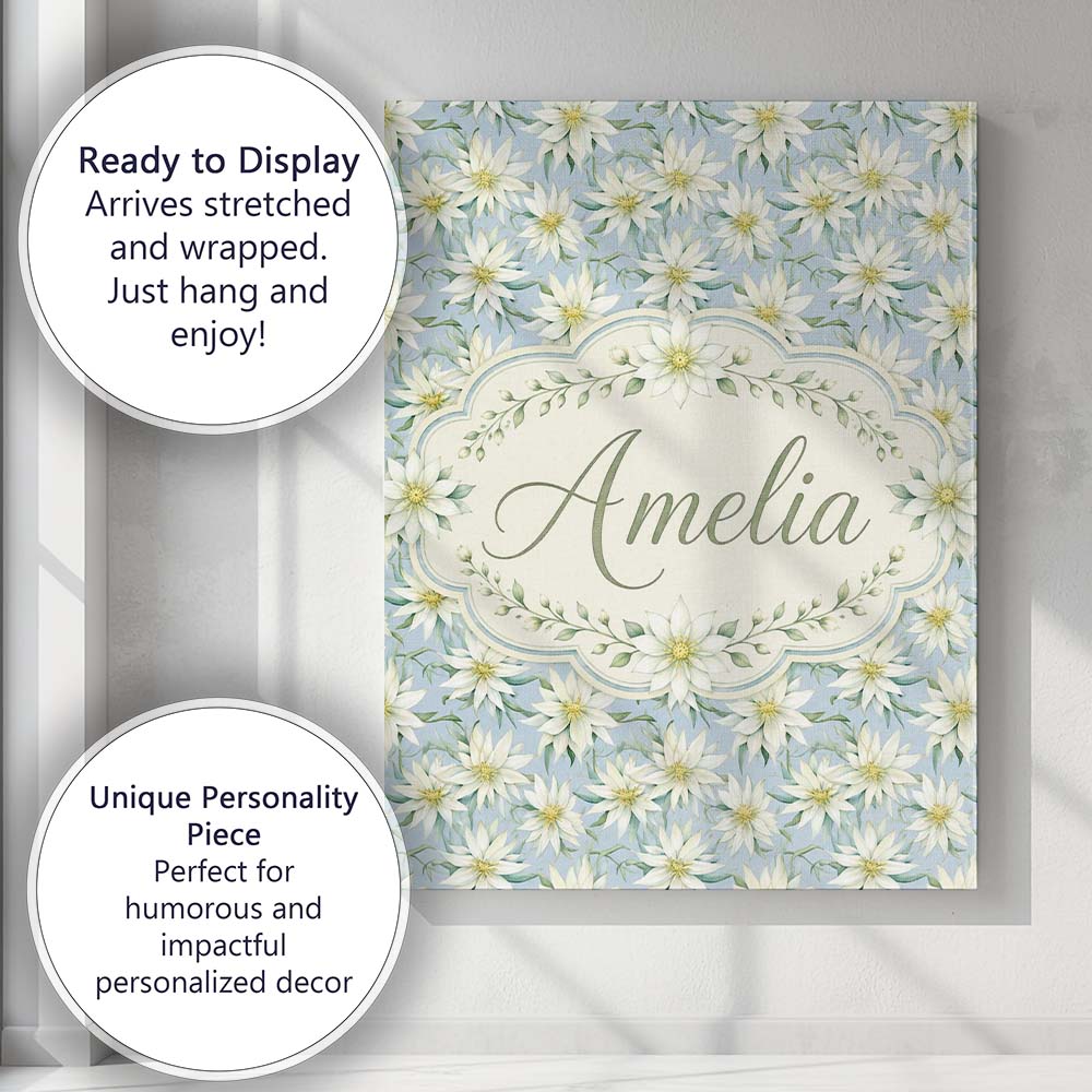 Personalised Name White Floral on Soft Blue Custom  Bespoke Interior Contemporary Canvas Wall Art Print Decor Picture Ready to Hang