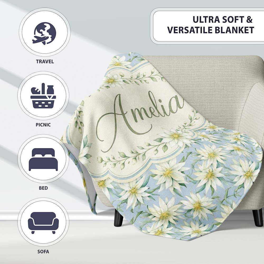 White Floral on Soft Blue Background Seamless Pattern Lovely  Personalised Custom Name Super Soft Fleece Blanket Bed Sofa Throw