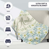 White Floral on Soft Blue Background Seamless Pattern Lovely  Personalised Custom Name Super Soft Fleece Blanket Bed Sofa Throw