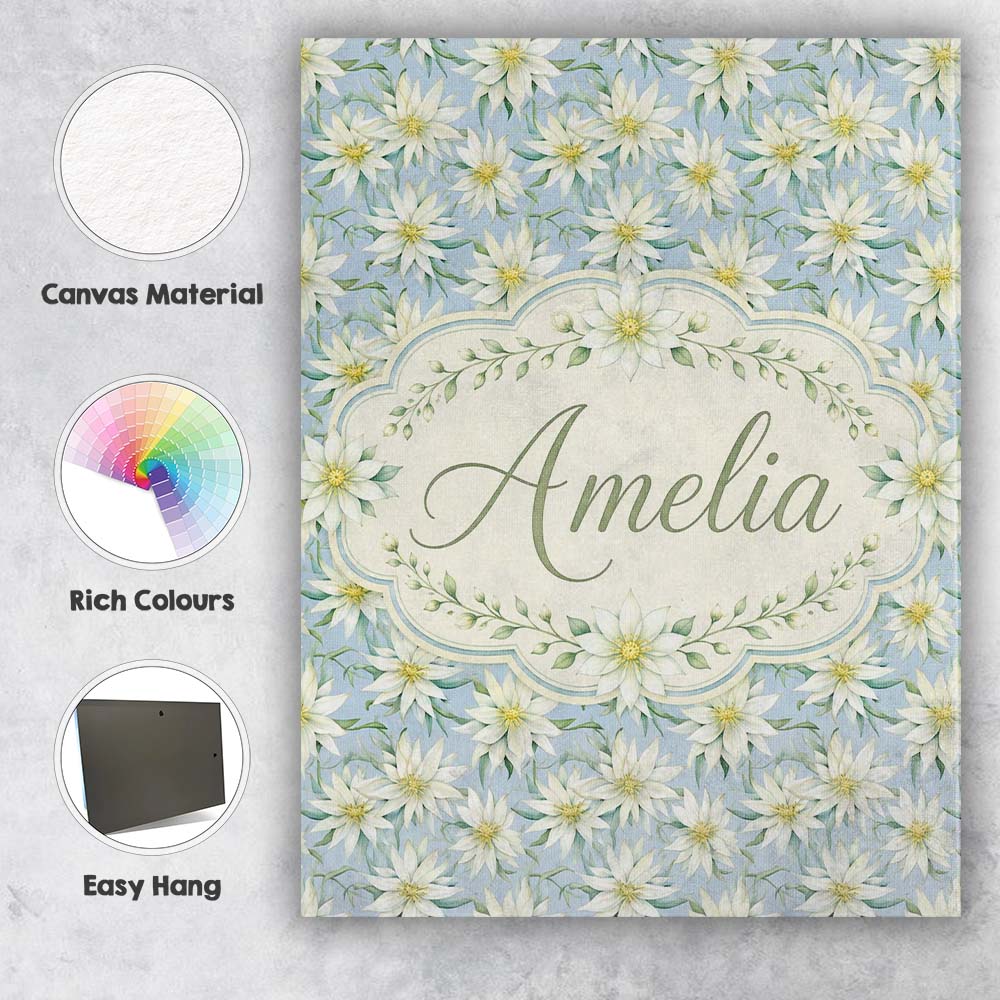 Personalised Name White Floral on Soft Blue Custom  Bespoke Interior Contemporary Canvas Wall Art Print Decor Picture Ready to Hang