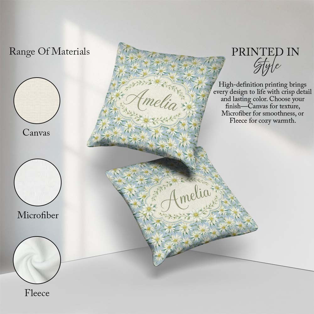 Custom Name White Floral on Soft Blue Background Seamless Lovely Square Filled Cushion Throw Pillow Sofa Bed Home Decor Zip Washable UK Made