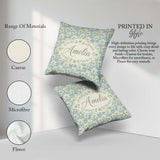 Custom Name White Floral on Soft Blue Background Seamless Lovely Square Filled Cushion Throw Pillow Sofa Bed Home Decor Zip Washable UK Made