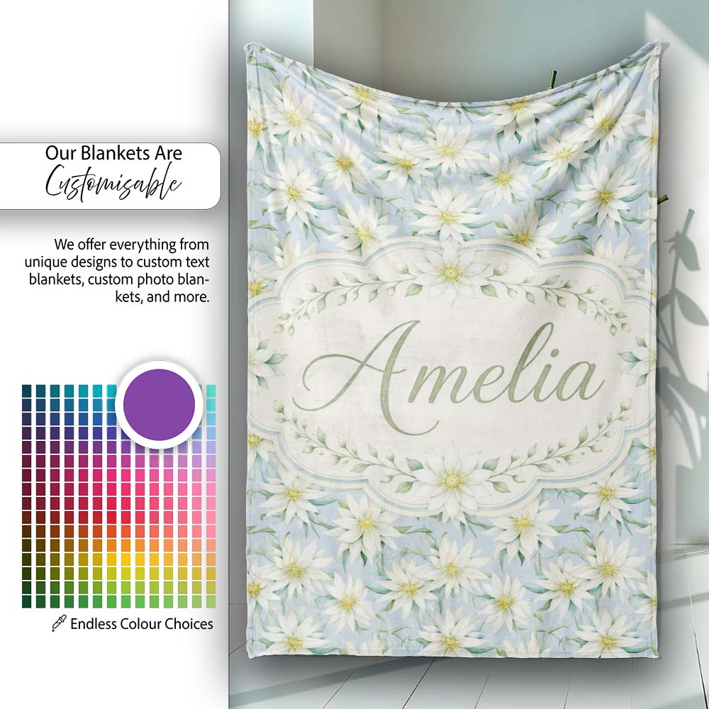 White Floral on Soft Blue Background Seamless Pattern Lovely  Personalised Custom Name Super Soft Fleece Blanket Bed Sofa Throw