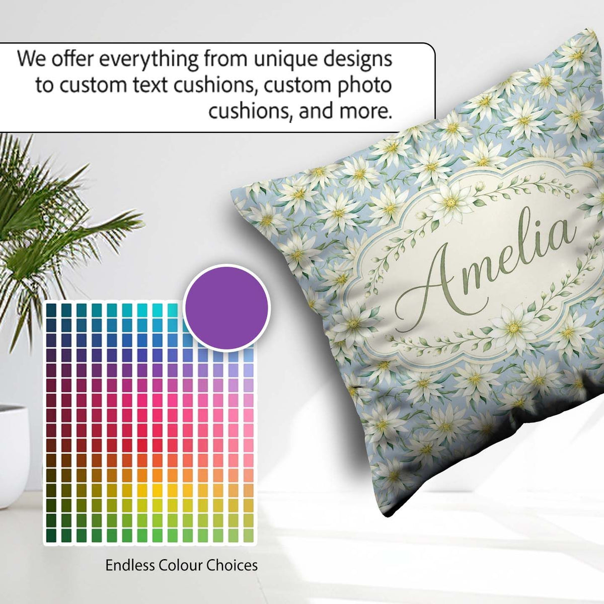 Custom Name White Floral on Soft Blue Background Seamless Lovely Square Filled Cushion Throw Pillow Sofa Bed Home Decor Zip Washable UK Made