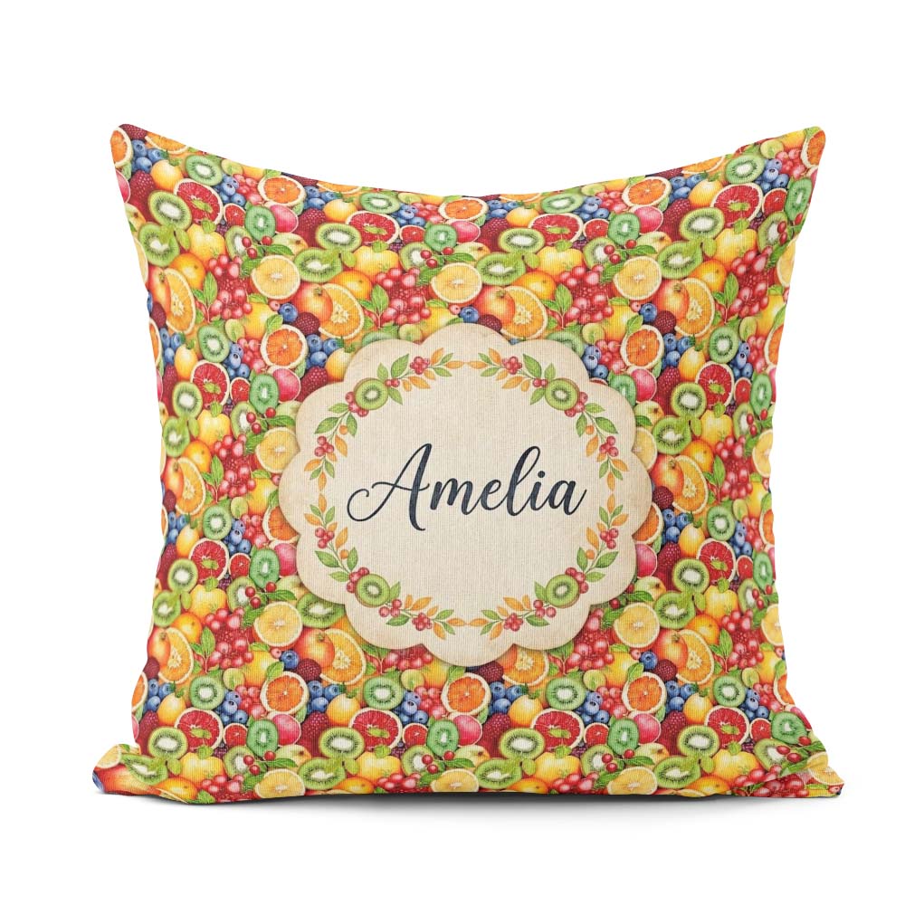 Custom Name Vibrant Mixed Citrus and Berry Fruit Seamless Lovely Square Filled Cushion Throw Pillow Sofa Bed Home Decor Zip Washable UK Made