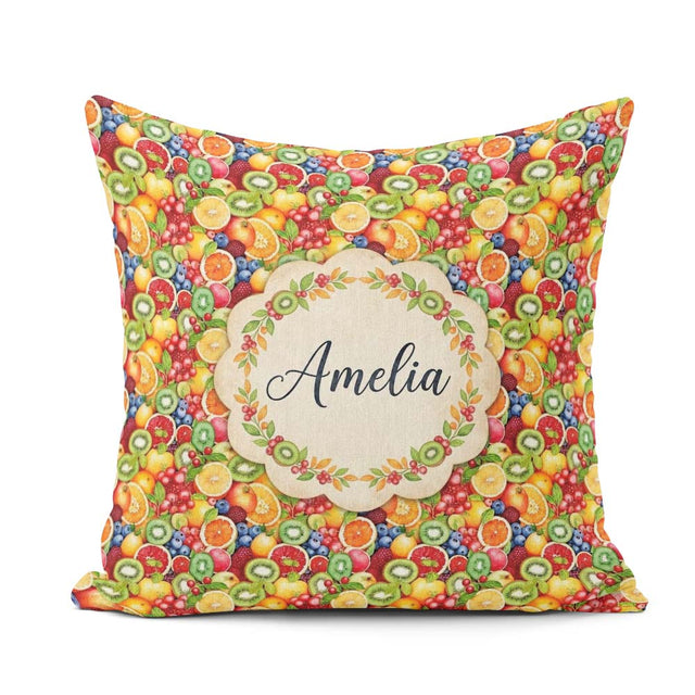 Custom Name Vibrant Mixed Citrus and Berry Fruit Seamless Lovely Square Filled Cushion Throw Pillow Sofa Bed Home Decor Zip Washable UK Made