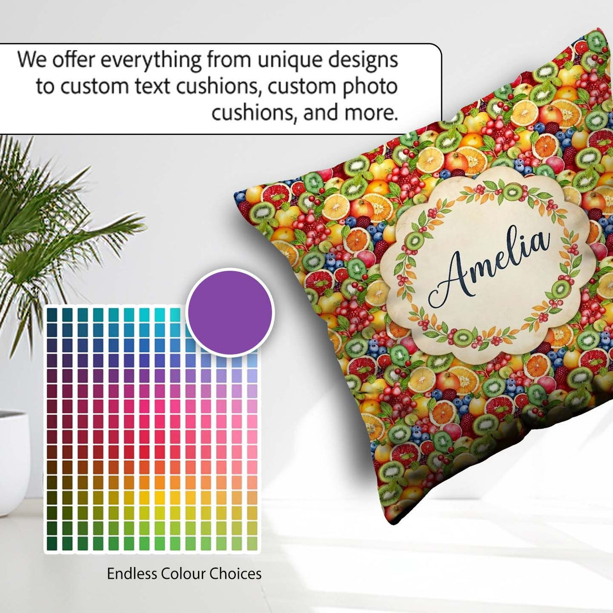 Custom Name Vibrant Mixed Citrus and Berry Fruit Seamless Lovely Square Filled Cushion Throw Pillow Sofa Bed Home Decor Zip Washable UK Made