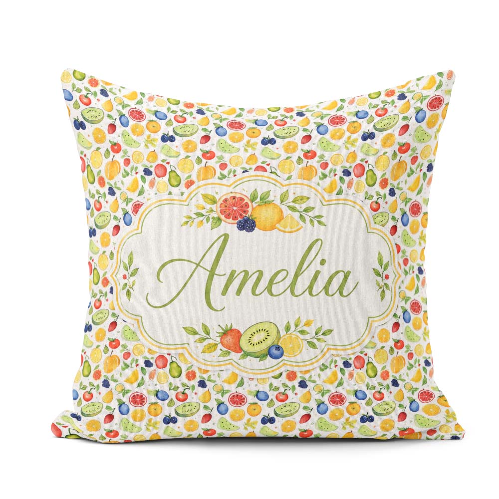 Custom Name Hand Drawn Mixed Fruit Illustration Seamless Pattern Square Filled Cushion Throw Pillow Sofa Bed Home Decor Zip Washable UK Made