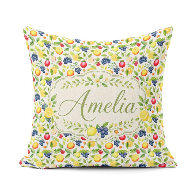Custom Name Watercolor Citrus and Berry Botanical Pattern Lovely Square Filled Cushion Throw Pillow Sofa Bed Home Decor Zip Washable UK Made
